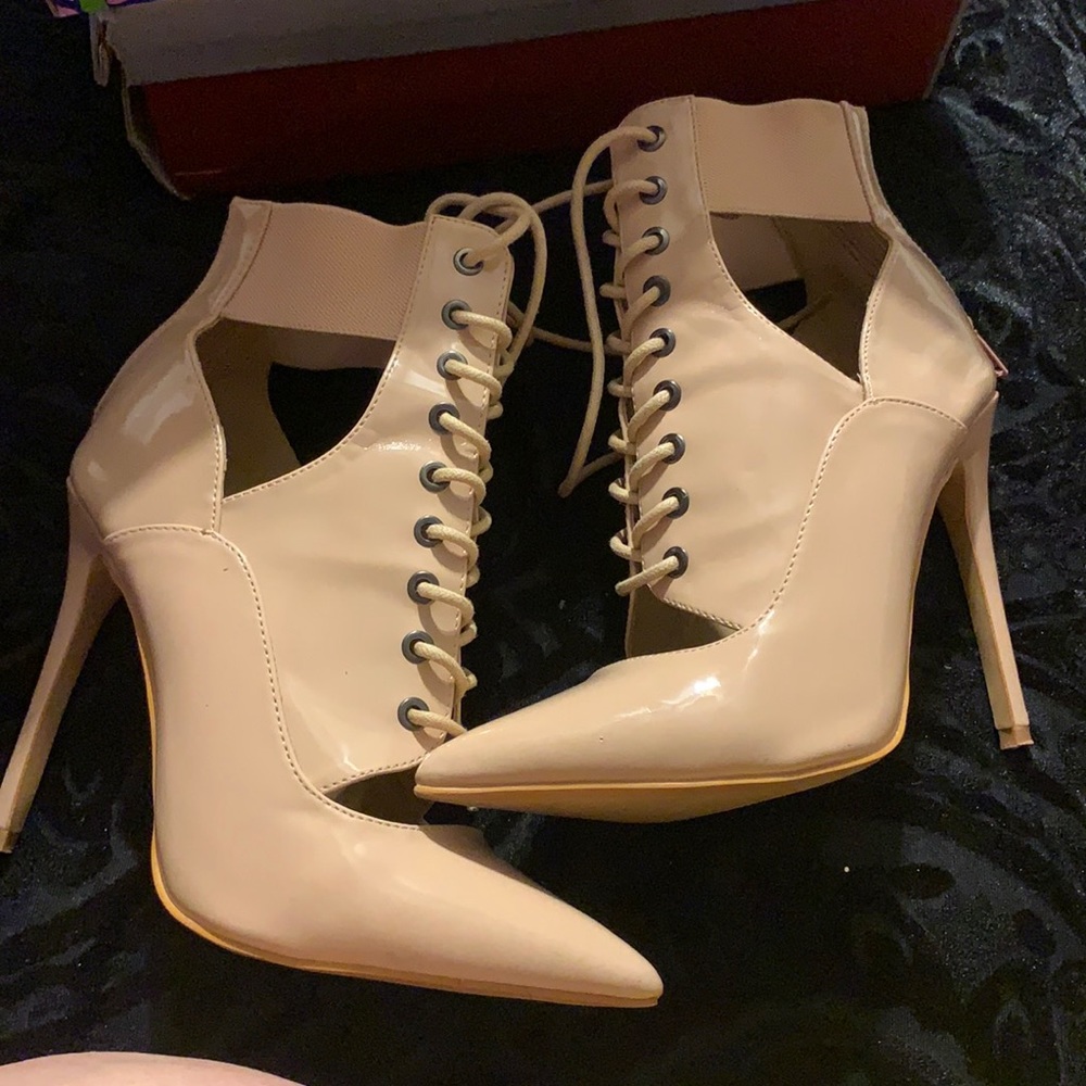 Shoe Republic LA Beige Lace-Up Heels